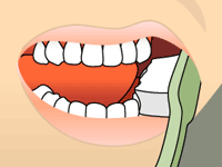 An animated character representing step 1 of proper teeth brushing instructed by oral cancer screening office Kozica Dental in Worcester, MA