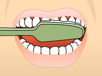 An animated character showing step 2 of proper teeth brushing instructed by dental office Kozica Dental servicing the Boston, MA area