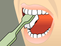 An animated character displaying step 3 of proper teeth brushing instructed by cosmetic dentistry office Kozica Dental in Worcester, MA