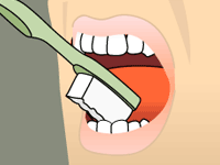 An animated character exhibiting step 4 of proper teeth brushing instructed by oral cancer screening office Kozica Dental in Worcester, MA